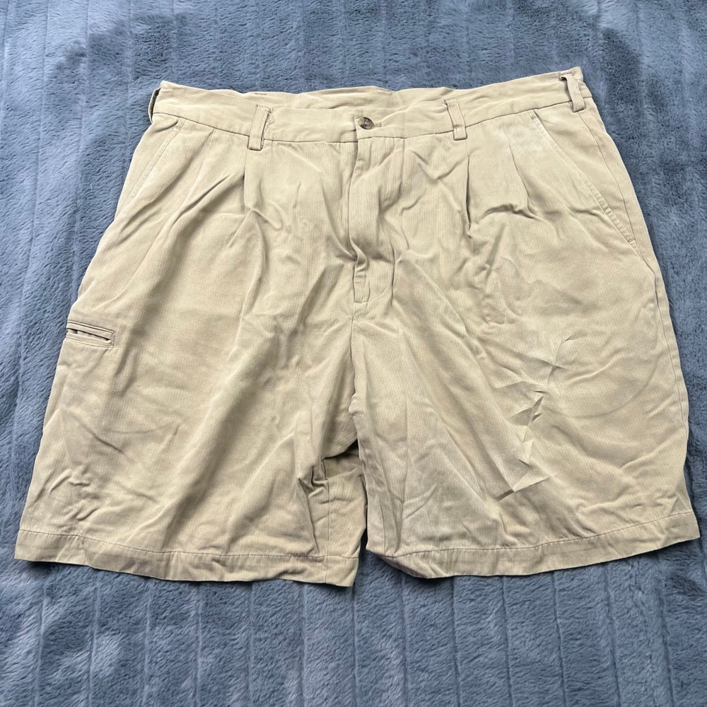 Caribbean Mens 100% Silk Pleated Herringbone Shorts Khaki Tan Size 38